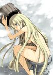  1girl blonde_hair blush breasts bucket completely_nude from_side grey_eyes hair_censor highres holding holding_bucket kaginaka_rui long_hair looking_at_viewer looking_back nude original sitting solo very_long_hair wet 