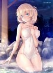  1girl alternate_hairstyle blonde_hair blue_eyes blush breasts covering_privates hair_up kantai_collection large_breasts looking_at_viewer naked_towel night night_sky nude_cover onsen outdoors parted_lips rock ryu-akt signature sitting sky solo steam towel victorious_(kancolle) water wet wet_towel 