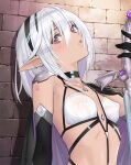  1girl blush breasts brown_eyes cape covered_nipples cropped dark_elf elbow_gloves elf gloves hair_between_eyes looking_at_viewer medium_hair original pointy_ears small_breasts solo sword tony_taka upper_body weapon white_hair 