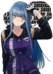  1girl arm_at_side black_jacket blue_hair breasts closed_mouth cowboy_shot cross girls&#039;_frontline gloves green_eyes hand_on_own_head head_tilt highres hk416_(girls&#039;_frontline) iron_cross jacket kojima_(blue_stardust) large_breasts long_hair long_sleeves looking_at_viewer multicolored_clothes multicolored_jacket purple_jacket sidelocks signature simple_background smile solo straight_hair teardrop_facial_mark two-tone_jacket white_background white_gloves 