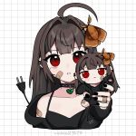  1girl ahoge animal_on_head bandaid bandaid_on_arm bandaid_on_cheek bandaid_on_face bandaid_on_hand black_jacket black_nails black_shirt brown_hair bug cable cable_tail character_doll choker collarbone cropped_torso doll electric_plug_tail grid_background hair_intakes heart holding holding_doll jacket long_hair looking_at_viewer mechanical_tail mole mole_under_eye moth nail_polish on_head open_clothes open_jacket original red_eyes ringed_eyes shirt single_bare_shoulder single_off_shoulder sleeveless sleeveless_shirt solo spaghetti_strap spiked_choker spikes tail twitter_username upper_body vickie_(cryingrobot) vickie_(cryingrobot)_(character) white_background 