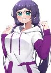  1girl :d aqua_eyes blush breasts clenched_hands commentary_request cowboy_shot grin hair_between_eyes hair_ribbon highres hood hoodie kooei large_breasts long_hair looking_at_viewer love_live! love_live!_school_idol_project low_twintails parted_bangs pink_ribbon purple_hair purple_sleeves raglan_sleeves ribbon simple_background smile solo tojo_nozomi twintails very_long_hair w_arms white_background white_hoodie 