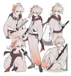  1boy animal applying_bandages bandaged_arm bandages blood blood_on_bandages blood_on_face cat closed_mouth crossed_bangs genshin_impact grey_hair hair_between_eyes highres holding holding_sword holding_weapon japanese_clothes kaedehara_kazuha kimono male_focus mochimiya_(coyo) multicolored_hair multiple_views ponytail red_eyes red_hair rock scarf sheath sheathed simple_background sitting standing streaked_hair sweat sword twitter_username weapon white_background wide_sleeves 