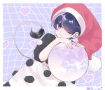  1girl :3 blue_background blue_eyes blue_hair border closed_mouth doremy_sweet dress grid_background hat heart heart_background highres leaning_on_object looking_at_viewer nightcap one-hour_drawing_challenge one_eye_closed orb pom_pom_(clothes) red_headwear short_hair short_sleeves smile solo tail tail_raised tapir_tail touhou twitter_username white_border yoshino_(q_sci) 