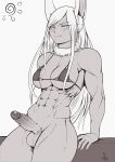  1girl abs absurdres animal_ear_fluff animal_ears arm_support bare_arms bare_shoulders biceps bikini bikini_top_only boku_no_hero_academia bottomless breasts closed_mouth erection fur_collar futanari greyscale highres large_breasts long_hair looking_at_viewer micro_bikini mirko monochrome muscular muscular_female navel parted_bangs penis rabbit_ears rabbit_girl signature simple_background smile solo speedl00ver split_mouth stomach swimsuit testicles thick_thighs thighs uncensored underboob veins veiny_penis very_long_hair 