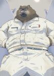 2024 absurd_res anthro bear beard belly bodily_fluids bottomwear brown_body brown_fur clothing facial_hair fur hi_res male mammal overweight overweight_male pants shirt smoking solo sweat tachiuo topwear