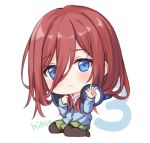  1girl bangs big_head black_legwear blue_cardigan blue_eyes blush brown_hair cardigan chibi closed_mouth collared_shirt commentary eyebrows_visible_through_hair full_body go-toubun_no_hanayome green_skirt hair_between_eyes hands_up headphones headphones_around_neck hitsukuya long_hair long_sleeves looking_at_viewer nakano_miku pantyhose pleated_skirt shirt signature sitting skirt sleeves_past_wrists solo v wariza white_background white_shirt 