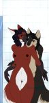 anthro areola biped black_hair breasts butt canid canine claws duo female female/female female_anthro fox genitals grin hair hug humanoid_genitalia humanoid_pussy kalanse luisa mammal nipples nude paws pussy red_eyes smile tail the_sake_ninja true_fox