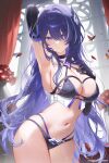  1girl acheron_(honkai:_star_rail) arm_behind_head arm_up armpits bare_shoulders black_bra black_gloves blue_eyes blue_hair bra breasts cleavage closed_mouth commentary_request cowboy_shot crop_top curtains elbow_gloves flower gem gloves hair_between_eyes hair_ornament hand_on_own_chest highres honkai:_star_rail honkai_(series) indoors large_breasts leg_tattoo light_particles long_hair machi_(7769) navel panties patreon_username presenting_armpit purple_gemstone purple_panties red_flower shiny_skin solo stomach sweat swimsuit tattoo underbust underwear very_long_hair 