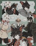  1girl 3boys aak_(arknights) animal_ear_piercing animal_ears apron arknights arm_around_shoulder black_coat black_gloves black_pants border braid cat_ears chinese_clothes coat cup dog_ears dragon_boy furry furry_female furry_male gloves green_border grey_jacket grin hand_on_own_face hand_on_own_hip highres holding holding_cup holding_spatula hood hood_down horns hung_(arknights) injury jacket lee_(arknights) multiple_boys open_mouth pants shirt single_horn sirakaro sitting smile spatula speech_bubble tiger_ears tiger_girl translation_request waai_fu_(arknights) white_apron white_horns white_jacket white_shirt 