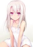  1girl bare_shoulders blush breasts collarbone dress fate/kaleid_liner_prisma_illya fate_(series) illyasviel_von_einzbern long_hair looking_at_viewer red_eyes sen_(astronomy) short_dress sidelocks small_breasts smile solo white_dress white_hair 