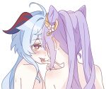  2girls ahoge blue_hair blush commentary_request cone_hair_bun ear_blush from_behind ganyu_(genshin_impact) genshin_impact hair_bun heart heart-shaped_pupils highres horns keqing_(genshin_impact) licking licking_finger long_hair looking_at_another multiple_girls nude orange_eyes purple_hair symbol-shaped_pupils upper_body wu_qin_(gyxx_04) yuri 