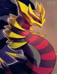  1other 2013 artist_name black_sclera colored_sclera commission dated english_commentary falvie from_side giratina giratina_(origin) gradient_background horns looking_at_viewer multiple_wings no_humans pokemon pokemon_(creature) red_eyes solo spikes wings 