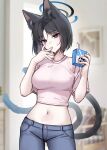  1girl absurdres animal_ears black_eyes black_hair blue_archive blue_halo blue_pants breasts cat_ears cat_tail cowboy_shot drinking_straw halo highres holding kikyou_(blue_archive) large_breasts looking_at_viewer multiple_tails navel pants pink_sweater raki_kr short_hair short_sleeves solo sweater tail two_tails 