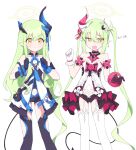  2girls alternate_costume billbung black_gloves black_tail blue_archive blue_gloves blush closed_mouth clothing_request demon_tail earrings fang feet_out_of_frame gloves green_hair green_halo hair_between_eyes halo highlander_sidelocks_conductor_(blue_archive) highlander_twintails_conductor_(blue_archive) highres jewelry long_hair multiple_girls navel open_mouth pointy_ears simple_background single_earring tail thighhighs two-tone_gloves white_background white_gloves white_thighhighs yellow_eyes 