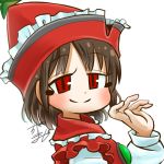  1girl avatar_icon brown_hair chamaji commentary_request eyebrows_visible_through_hair frilled_hat frills hat long_sleeves looking_at_viewer lowres lyrica_prismriver musical_note red_eyes red_headwear red_vest shirt short_hair signature smile solo star touhou vest waving white_shirt 