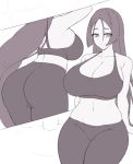  1girl alternate_costume arms_behind_back ass back bangs bare_shoulders blush breasts cleavage closed_mouth collarbone curvy fate/grand_order fate_(series) greyscale kuavera large_breasts long_hair minamoto_no_raikou_(fate/grand_order) monochrome navel pants parted_bangs sideboob smile sports_bra thick_thighs thighs yoga_pants 