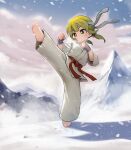  1girl absurdres bandaged_wrist bandages barefoot belt chinese_commentary clenched_hand closed_mouth commentary_request dougi feet full_body green_eyes green_hair headband highres kuma-bound low_twintails martial_arts_belt original outdoors pants red_belt short_twintails snow snowing soles solo standing standing_on_one_leg toes twintails v-shaped_eyebrows white_headband white_pants 