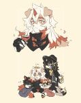  1girl 3boys aak_(arknights) animal_ears arknights black_coat black_gloves black_hair black_hat black_pants blue_sweater cat_boy cat_ears closed_mouth coat cup dog_boy dog_ears dragon_boy furry furry_female furry_male gloves hair_between_eyes hand_on_another&#039;s_head hands_in_opposite_sleeves highres holding holding_cup horns hung_(arknights) lee_(arknights) multiple_boys orange_eyes pants red_horns sirakaro slit_pupils steam sweater tiger_ears tiger_girl waai_fu_(arknights) white_hair yellow_gloves 