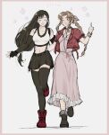  2girls aerith_gainsborough arm_around_back bangle bare_shoulders black_bra black_gloves black_hair black_skirt black_thighhighs blush boots border bra bracelet braid braided_ponytail breasts brown_footwear brown_hair choker closed_eyes crop_top cropped_jacket dangle_earrings dress earrings elbow_gloves final_fantasy final_fantasy_vii final_fantasy_vii_rebirth final_fantasy_vii_remake fingerless_gloves flower_choker full_body gloves hair_ribbon hair_tie highres jacket jewelry large_breasts long_dress long_hair low-tied_long_hair medium_breasts midriff miniskirt multiple_girls navel oishiioniku1129 open_mouth parted_bangs pink_border pink_dress pink_ribbon pointing red_footwear red_jacket ribbon shirt short_sleeves sidelocks single_braid skirt sleeveless sleeveless_shirt smile sports_bra suspenders thighhighs tifa_lockhart underwear walking white_shirt 