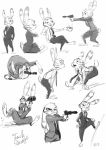  absurd_res anthro disney ear_markings facial_markings head_markings hi_res holding_cup holding_gun holding_object holding_weapon jack_savage lagomorph leporid mammal markings monmokamoko monochrome multiple_poses pose rabbit simple_background sitting smile solo standing weapon white_background zootopia 