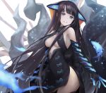  1girl absurdres bangs bao_lan bare_shoulders black_dress black_gloves black_headwear black_legwear blue_eyes blue_fire blunt_bangs breasts center_opening dress elbow_gloves fate/grand_order fate_(series) fire fish floral_print flute gloves halo highres instrument large_breasts long_hair looking_at_viewer purple_hair sash side_slit simple_background solo thighhighs thighs very_long_hair white_background yang_guifei_(fate/grand_order) 