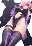  1girl absurdres bare_shoulders black_leotard black_thighhighs breasts cleavage clothing_cutout ebora elbow_gloves fate/grand_order fate_(series) gloves hair_over_one_eye highleg highleg_leotard highres large_breasts leotard looking_at_viewer mash_kyrielight navel navel_cutout open_mouth purple_eyes purple_gloves purple_hair shield short_hair solo thigh_strap thighhighs thighs 