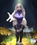 absurd_res anthro big_breasts boss_monster_(undertale) bovid breasts caprine clothed clothing female flower footwear goat hi_res horn mammal mature_female no_underwear offering_hand pelvic_curtain plant purple_eyes side_boob skimpy socks stirrup_socks toriel undertale undertale_(series) vedtomd wide_hips
