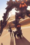  1girl blonde_hair blue_sky city cloud desert kinshi long_hair mecha original outdoors sand shadow silhouette sky standing 