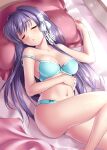  1girl aqua_bra aqua_panties bare_arms bare_shoulders blush bra breasts clannad cleavage closed_eyes collarbone commentary_request commission curvy day eyelashes fujibayashi_kyou hair_between_eyes hair_intakes hair_ribbon hair_spread_out hand_on_own_stomach hand_up head_on_pillow head_tilt indoors knee_up large_breasts lips long_hair lying navel off_shoulder on_back on_bed panties parted_lips purple_hair ribbon sample_watermark shiny_skin sidelighting sidelocks skeb_commission sleeping solo stomach straight_hair strap_slip thighs underwear underwear_only very_long_hair watermark white_ribbon zen_(kamuro) 
