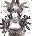  1girl absurdres breasts china_dress chinese_clothes dress elbow_gloves flower flower_on_head gloves greyscale highres long_hair looking_at_viewer monochrome orchid outstretched_hand smile solo touhou traditional_media upper_body yomotsu_hisami yuzuha_(yuzutime) 