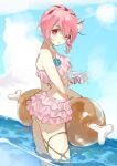  1girl closed_mouth cloud hair_ribbon highres looking_at_viewer misella pink_hair red_eyes ribbon short_hair solo swimsuit tales_of_(series) tales_of_crestoria talesofmea water 