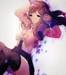  1girl black_thighhighs breasts brown_hair cleavage closed_mouth green_eyes hair_ornament hairclip long_hair looking_at_viewer paw_print pencil_skirt pirorr print_thighhighs skirt smile solo sophia_esteed star_ocean star_ocean_till_the_end_of_time thighhighs 