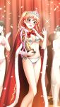  3girls :d bare_legs bikini blush bow bowtie breasts cape cleavage diadem doukyuusei_another_world fur-trimmed_cape fur_trim game_cg hair_ribbon holding long_hair medium_breasts multiple_girls official_art open_mouth orange_hair pink_ribbon red_bow red_bowtie red_cape red_eyes ribbon sendou_airi side-tie_bikini_bottom smile solo_focus standing swimsuit twintails white_bikini yellow_ribbon 