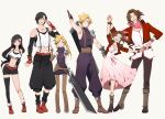  3boys 3girls :o absurdres aerith_gainsborough arm_up armor arms_behind_back arms_up bandaged_arm bandages bandana bandana_around_neck belt black_hair black_pants black_shirt black_socks black_thighhighs blonde_hair blue_eyes blush boots bracelet bracer bright_pupils brown_footwear brown_gloves brown_hair brown_pants buster_sword chinese_commentary cloud_strife commentary_request crop_top cropped_jacket dangle_earrings dress dress_ribbon dual_persona earrings elbow_gloves elbow_pads expressionless fermium.ice final_fantasy final_fantasy_vii fingerless_gloves full_body genderswap genderswap_(ftm) genderswap_(mtf) gloves green_eyes grey_background hair_ribbon hand_up happy heel_up height_difference highres holding holding_hands holding_sword holding_weapon jacket jewelry knee_boots layered_shirt leaning_to_the_side leather_belt leg_up light_smile long_dress long_hair looking_at_viewer looking_to_the_side low-tied_long_hair midriff multiple_belts multiple_boys multiple_girls navel neck_ribbon one_eye_closed open_clothes open_jacket open_mouth pants parted_bangs pauldrons pink_bandana pink_dress pink_ribbon pink_shirt pointing pointing_up ponytail puffy_pants puffy_shorts purple_sweater red_belt red_eyes red_footwear red_gloves red_jacket ribbon shirt short_hair short_sleeves shorts shoulder_armor shoulder_belt simple_background single_earring single_elbow_glove single_pauldron single_thighhigh skirt sleeveless sleeveless_sweater sleeveless_turtleneck smile socks spiked_hair standing suspender_skirt suspenders sweatdrop sweater sword sword_on_back teeth thigh_boots thighhighs tifa_lockhart toned toned_male turtleneck turtleneck_sweater upper_teeth_only v-neck wavy_hair weapon weapon_on_back white_background white_shirt 