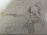  1girl bare_shoulders black_hair blue_archive breasts choker colored_pencil_(medium) cowboy_shot dress expressionless firing gun h&amp;k_p30 halo handgun highres holding holding_gun holding_weapon horns kayoko_(blue_archive) kayoko_(dress)_(blue_archive) long_hair multicolored_hair muzzle_flash papiyon1297 photo_(medium) profile sketch small_breasts solo suppressor traditional_media two-tone_hair weapon white_hair 