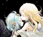  2girls angel angel_wings bad_drawr_id bad_id bare_shoulders black_background black_wings blonde_hair blue_hair character_request closed_eyes closed_mouth copyright_request dress feathered_wings from_side hand_on_another&#039;s_head hug kiss kissing_forehead long_hair michi_ta_(masquerade) multicolored_hair multiple_girls oekaki pointy_ears profile simple_background upper_body water_drop white_dress white_hair white_wings wings yuri 