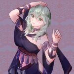  1girl arm_up armlet black_dress bracelet byleth_(female)_(fire_emblem) byleth_(fire_emblem) choker commentary_request dancer_(fire_emblem:_three_houses) dress fire_emblem fire_emblem:_three_houses green_eyes green_hair hand_up highres jewelry long_hair single-shoulder_dress single_bare_shoulder solo upper_body watari_(eaka) 