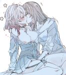  2girls black_choker blue_skirt blush breasts brown_hair choker cleavage closed_eyes commentary fingering french_kiss hana_kon_(17aaammm) highres honkai:_star_rail honkai_(series) kiss large_breasts march_7th_(honkai:_star_rail) medium_hair multiple_girls nipples off_shoulder open_mouth pink_hair skirt stelle_(honkai:_star_rail) sweat trailblazer_(honkai:_star_rail) white_background yuri 