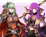  2girls belt breasts byleth_(female)_(fire_emblem) byleth_(female)_(fire_emblem)_(cosplay) byleth_(fire_emblem) cape commentary cosplay costume_switch dagger fire_emblem fire_emblem:_three_houses fire_emblem_warriors:_three_hopes green_eyes green_hair grin gzei hair_over_one_eye highres holding holding_sword holding_weapon knife long_hair looking_at_viewer medium_breasts multiple_girls navel ponytail shez_(female)_(fire_emblem) shez_(female)_(fire_emblem)_(cosplay) shez_(fire_emblem) smile sword sword_of_the_creator upper_body very_long_hair weapon 