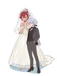  2girls ahoge alternate_hairstyle blue_eyes bow bowtie bridal_gauntlets bridal_veil commentary dress formal full_body grey_eyes gundam gundam_suisei_no_majo hairband hands_in_pockets high_heels highres jacket long_hair miorine_rembran multiple_girls open_mouth pants red_hair rekari_(rekari628) shoes simple_background suit suletta_mercury thick_eyebrows veil wedding_dress white_background white_hair wife_and_wife yuri 