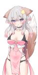  1girl :3 absurdres animal_ears annytf arms_behind_back bare_shoulders black_panties breasts cleavage closed_mouth clothing_cutout covered_navel cowboy_shot detached_collar detached_sleeves dress fox_ears fox_girl fox_tail gradient_hair highres indie_virtual_youtuber long_hair long_sleeves looking_at_viewer medium_breasts multi-strapped_panties multicolored_hair panties pelvic_curtain pink_dress pink_hair pmasterm purple_eyes revealing_clothes see-through see-through_sleeves short_dress side_cutout simple_background sleeveless sleeveless_dress smile solo spaghetti_strap standing star_(symbol) streaked_hair string_panties tail thighs two_side_up underwear virtual_youtuber white_background white_hair 