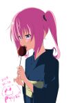  1girl blue_kimono candy_apple food highres japanese_clothes kimono medium_hair nana_asta_deviluke open_mouth papiyon1297 pink_hair purple_eyes simple_background solo to_love-ru tongue tongue_out twintails upper_body white_background 