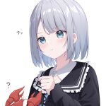  1girl black_sailor_collar black_shirt blue_eyes blush clenched_hand closed_mouth crab frilled_shirt frills grey_hair hand_up highres kaga_sumire long_sleeves looking_at_animal lupinus_virtual_games mole mole_under_eye parted_bangs portrait sailor_collar shinshia_(sinsia_0928) shirt short_hair sidelocks simple_background smile solo v-shaped_eyebrows virtual_youtuber vspo! white_background 