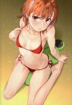  1girl absurdres arm_support bare_arms bare_shoulders barefoot bikini blush breasts brown_eyes brown_hair closed_mouth collarbone full_body gekota gradient_background hair_ornament highres lips looking_at_viewer misaka_mikoto navel pulled_by_self raika9 red_bikini scan shiny_skin short_hair side-tie_bikini_bottom simple_background sitting small_breasts solo stomach swimsuit thighs toaru_kagaku_no_railgun toaru_majutsu_no_index toes wariza 