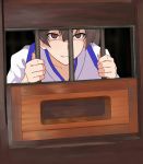  1girl bars brown_eyes brown_hair highres in_cell japanese_clothes kaga_(kantai_collection) kantai_collection nikonikosiro shaded_face side_ponytail smile solo window 