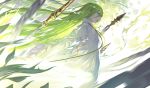  1boy absurdres enkidu_(fate/strange_fake) eyebrows_visible_through_hair fate/grand_order fate_(series) green_eyes green_hair hair_between_eyes highres long_hair open_mouth plant ssangbong-llama teeth tongue upper_teeth weapon 