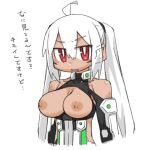  1girl ahoge breasts breasts_out cannsk clothing_cutout commentary_request dark-skinned_female dark_skin facial_mark halterneck large_breasts nipples phantasy_star phantasy_star_online_2 protagonist_(pso2) red_eyes shoulder_cutout solo translation_request turtleneck twintails white_hair 