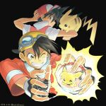  2boys artist_name baseball_cap black_background closed_mouth commentary_request dated electricity ethan_(pokemon) goggles goggles_on_headwear hat highres holding holding_poke_ball kibisakura2 male_focus multiple_boys one_eye_closed pichu pikachu poke_ball poke_ball_(basic) pokemon pokemon_(creature) pokemon_adventures red_(pokemon) red_hat simple_background smile tail teeth twitter_username yellow_eyes yellow_fur yellow_hat 