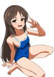  1girl barefoot blue_one-piece_swimsuit blush breasts brown_eyes brown_hair highres idolmaster idolmaster_cinderella_girls long_hair looking_at_viewer one-piece_swimsuit open_mouth papiyon1297 school_swimsuit simple_background sitting small_breasts smile solo swimsuit tachibana_arisu v white_background 